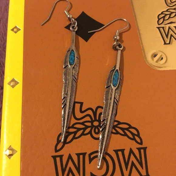 Vintage Native American 925 Arrow Feather Turquoise Dangle Earrings - Picture 8 of 15